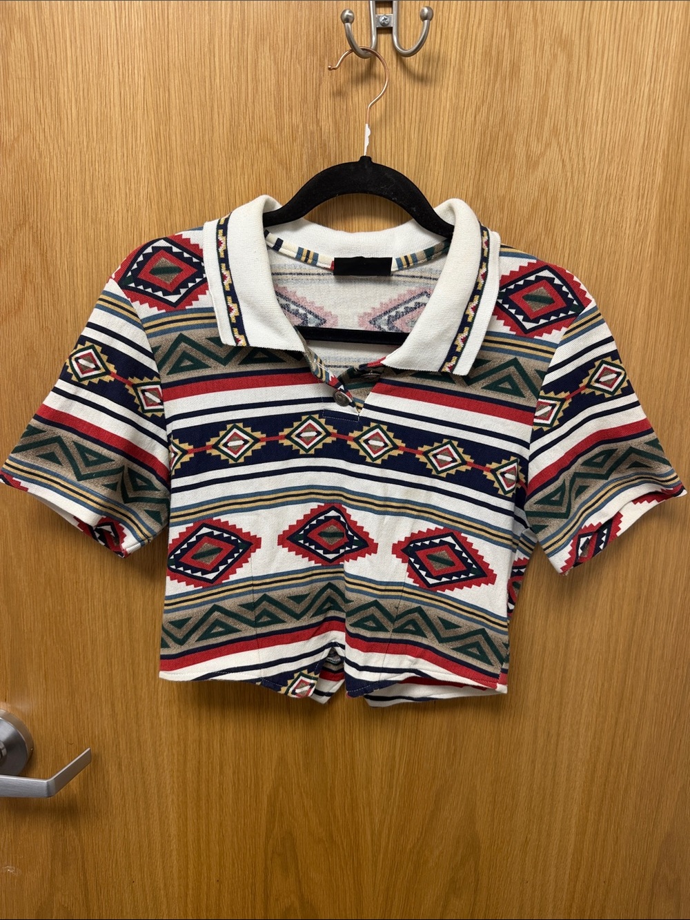 Rough Rider Cropped Polo Top in Red, Navy & Green Southwest Aztec Stripe
